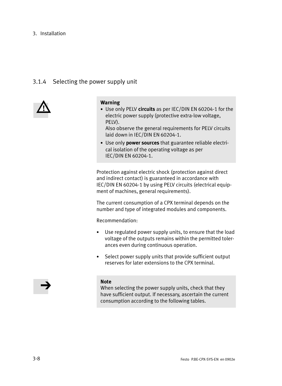 4 selecting the power supply unit, Selecting the power supply unit | Festo Контроллер позиционирования CPX-CMPX User Manual | Page 88 / 234