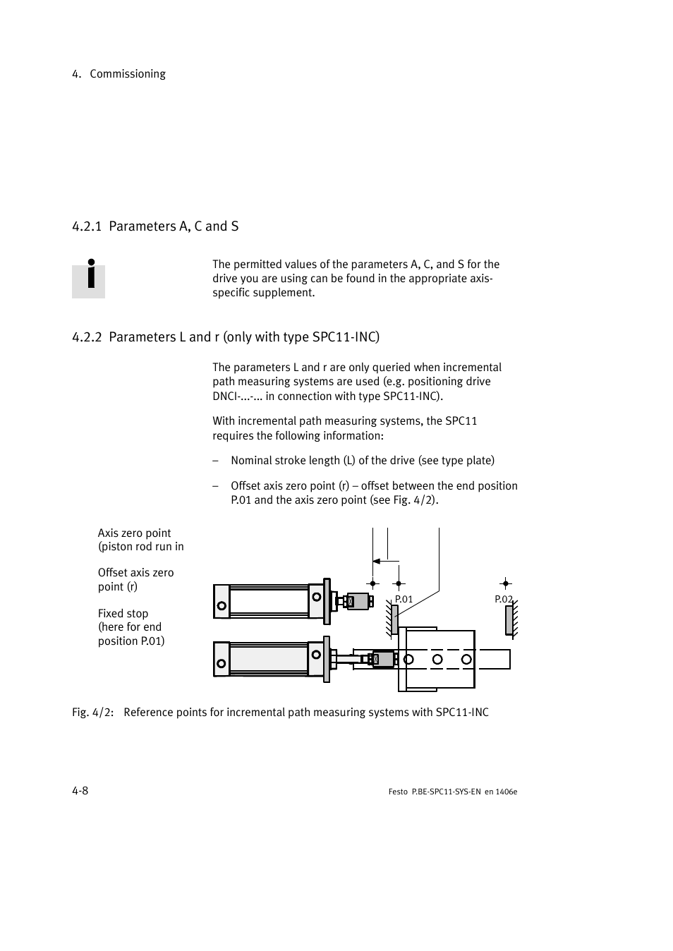 2 pre-parameterising in the office, 1 parameters a, c and s, 2 parameters l and r (only with type spc11-inc) | Festo Контроллер крайних положений SPC11 User Manual | Page 66 / 140