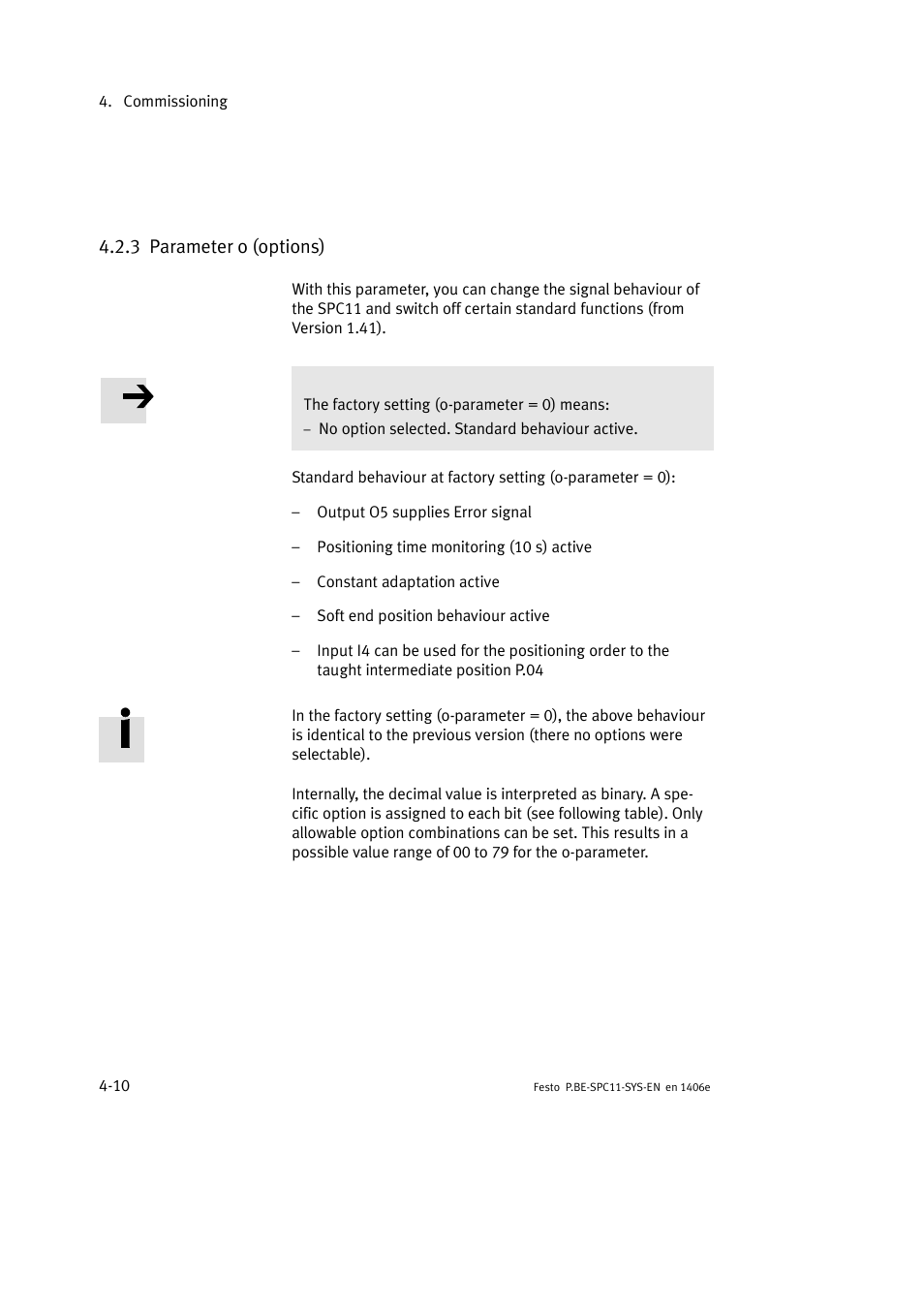 3 parameter o (options) | Festo Контроллер крайних положений SPC11 User Manual | Page 68 / 140