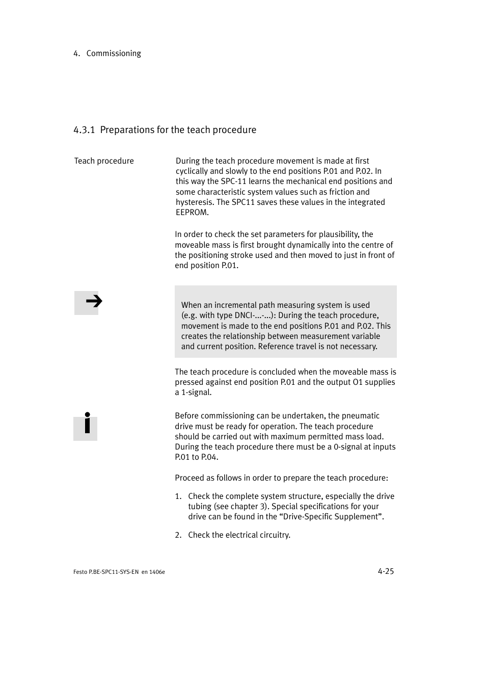 1 preparations for the teach procedure | Festo Контроллер крайних положений SPC11 User Manual | Page 83 / 140