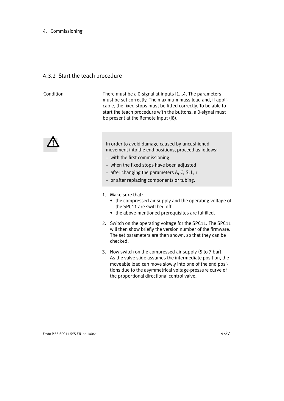 2 start the teach procedure | Festo Контроллер крайних положений SPC11 User Manual | Page 85 / 140