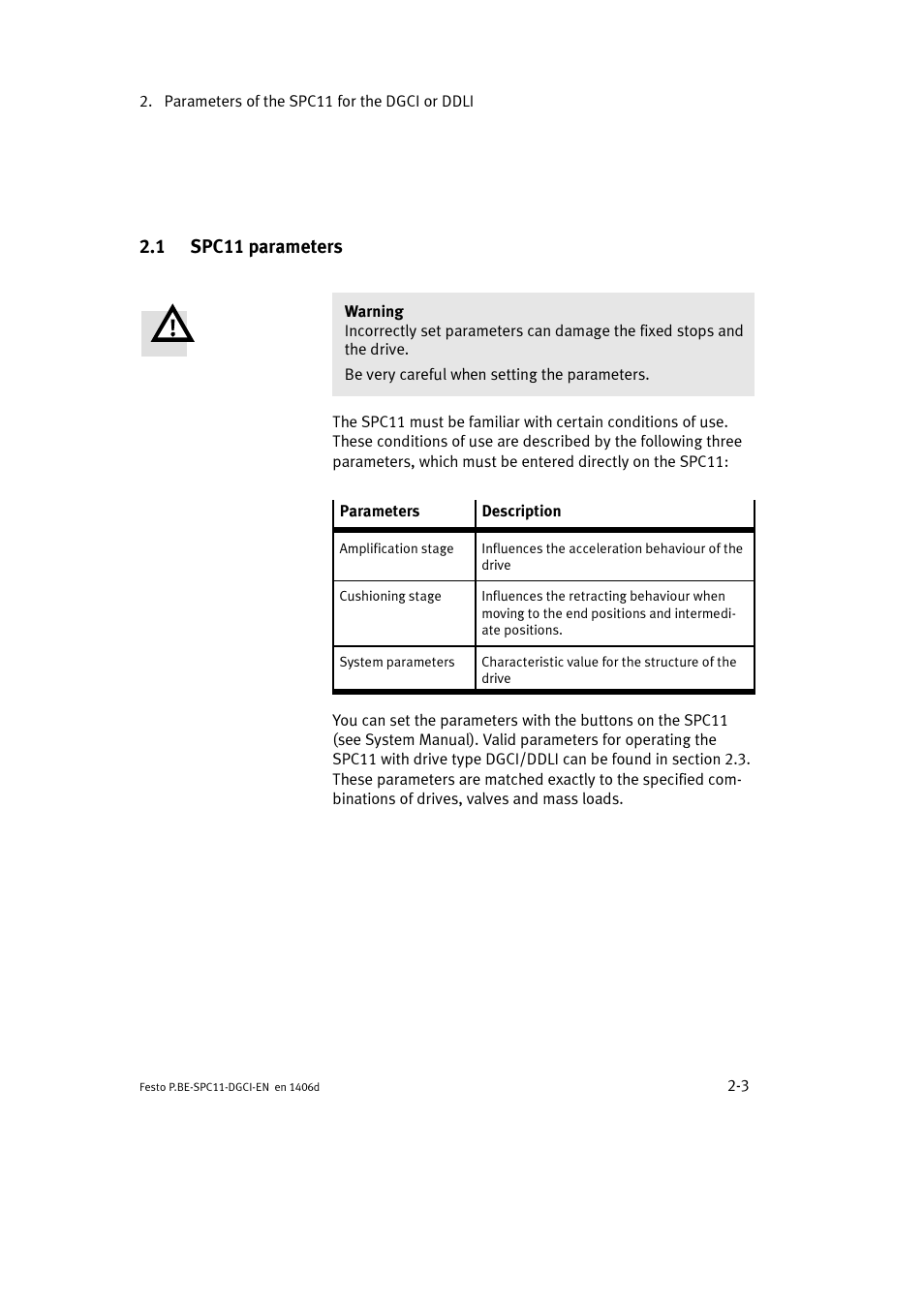 1 spc11 parameters | Festo Контроллер крайних положений SPC11 User Manual | Page 29 / 91