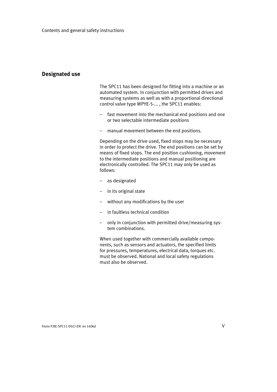 Designated use | Festo Контроллер крайних положений SPC11 User Manual | Page 7 / 91