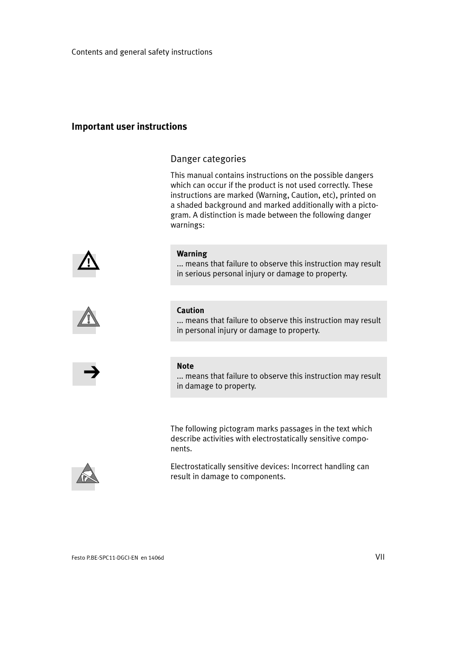 Important user instructions | Festo Контроллер крайних положений SPC11 User Manual | Page 9 / 91