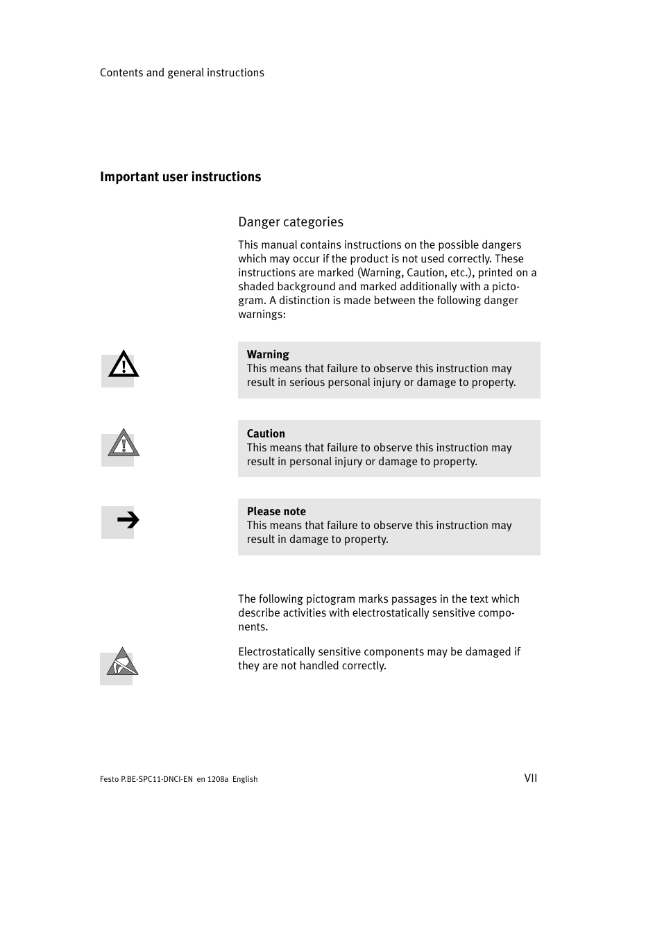 Important user instructions | Festo Контроллер крайних положений SPC11 User Manual | Page 9 / 60