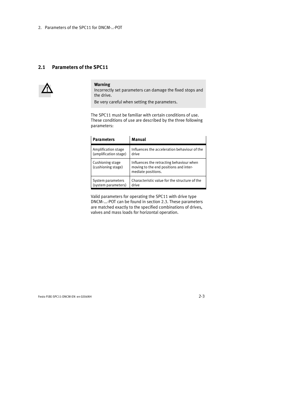 1 parameters of the spc11 | Festo Контроллер крайних положений SPC11 User Manual | Page 29 / 50