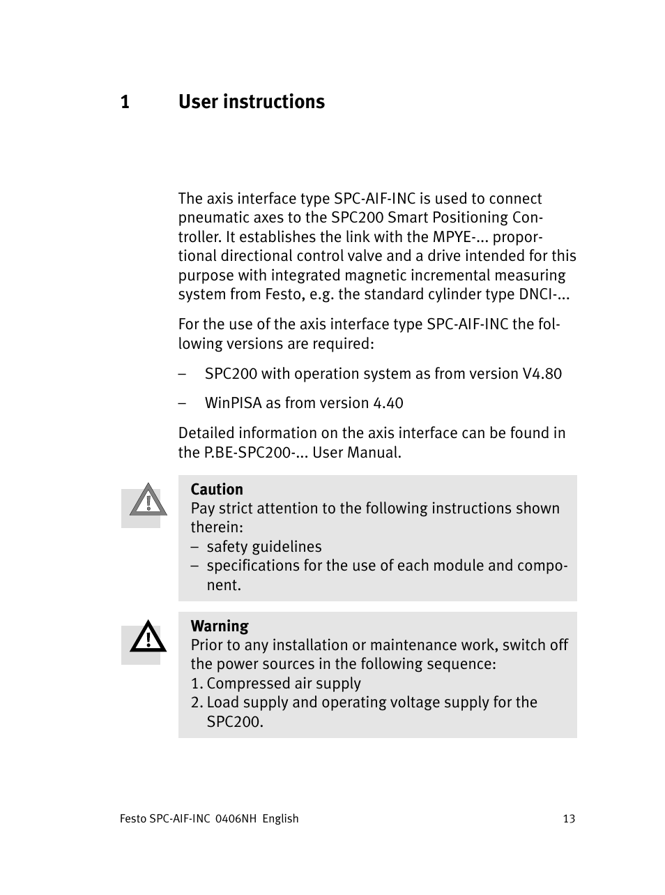 English, 1user instructions english | Festo Интерфейс привода SPC-AIF User Manual | Page 13 / 62