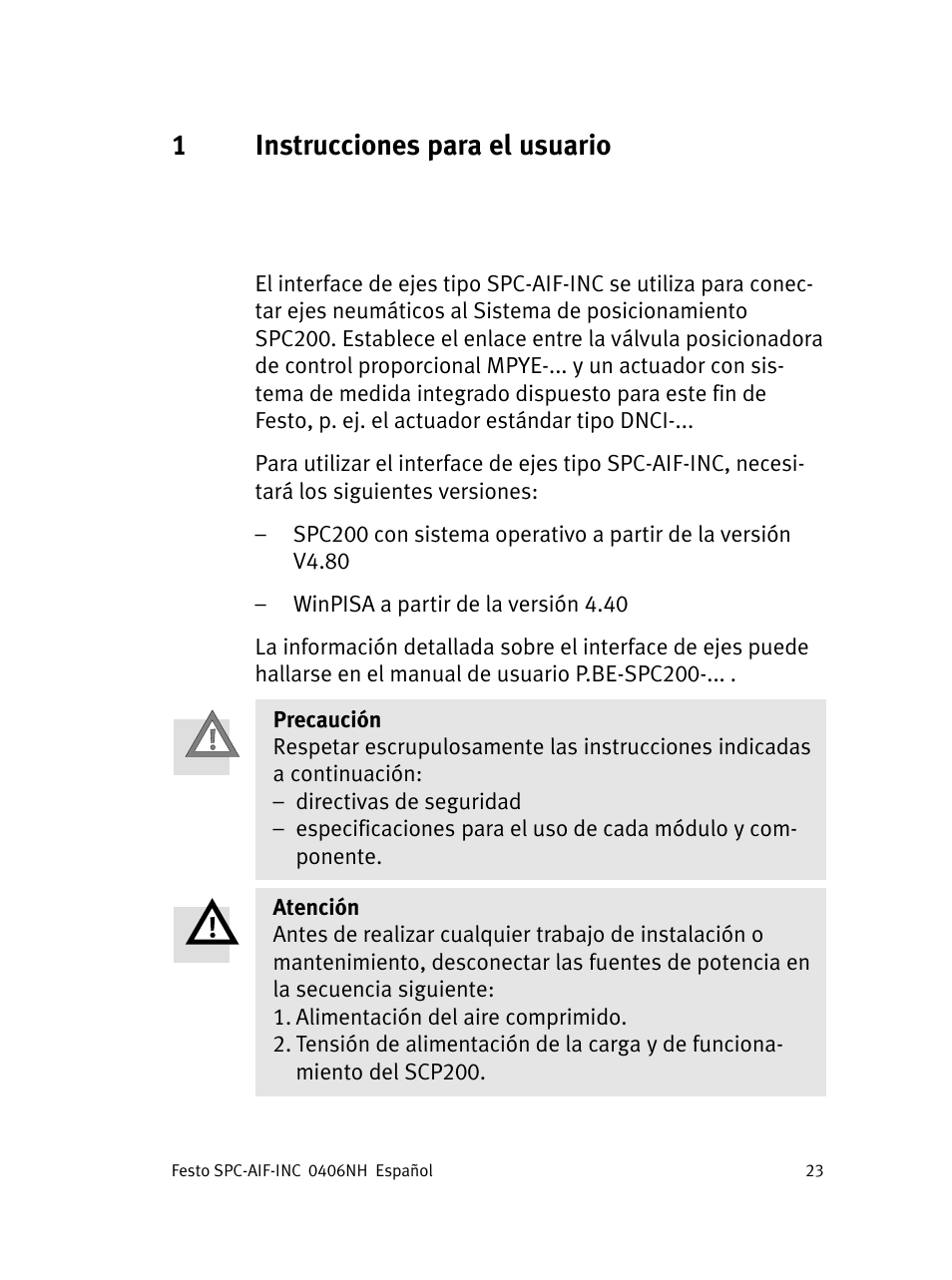 Español, 1instrucciones para el usuario español | Festo Интерфейс привода SPC-AIF User Manual | Page 23 / 62