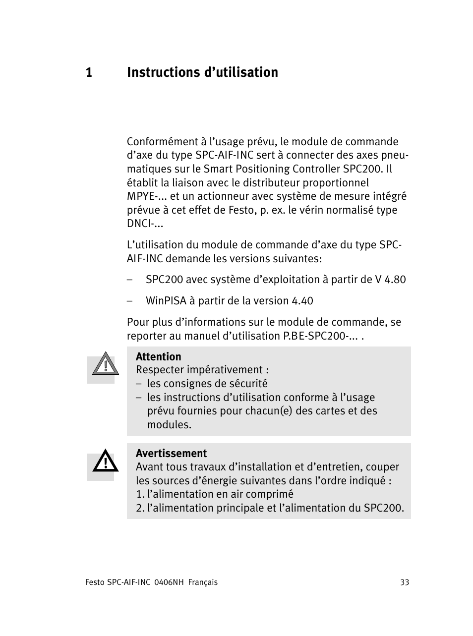 Français, 1instructions d’utilisation français | Festo Интерфейс привода SPC-AIF User Manual | Page 33 / 62