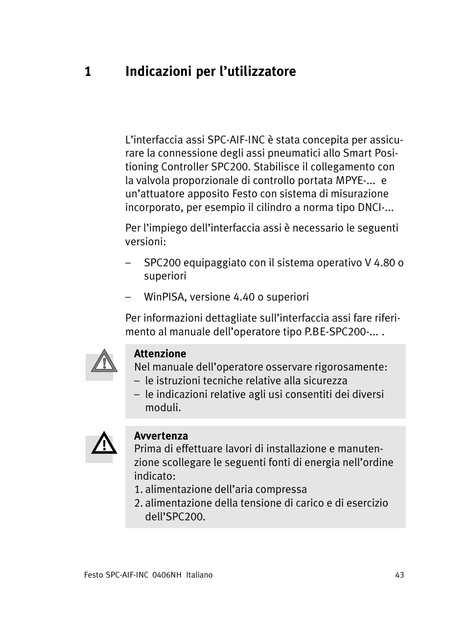 Italiano, 1indicazioni per l’utilizzatore italiano | Festo Интерфейс привода SPC-AIF User Manual | Page 43 / 62