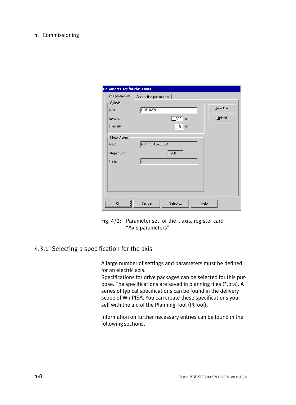 1 selecting a specification for the axis, Selecting a specification for the axis | Festo Кабели и принадлежности User Manual | Page 53 / 103