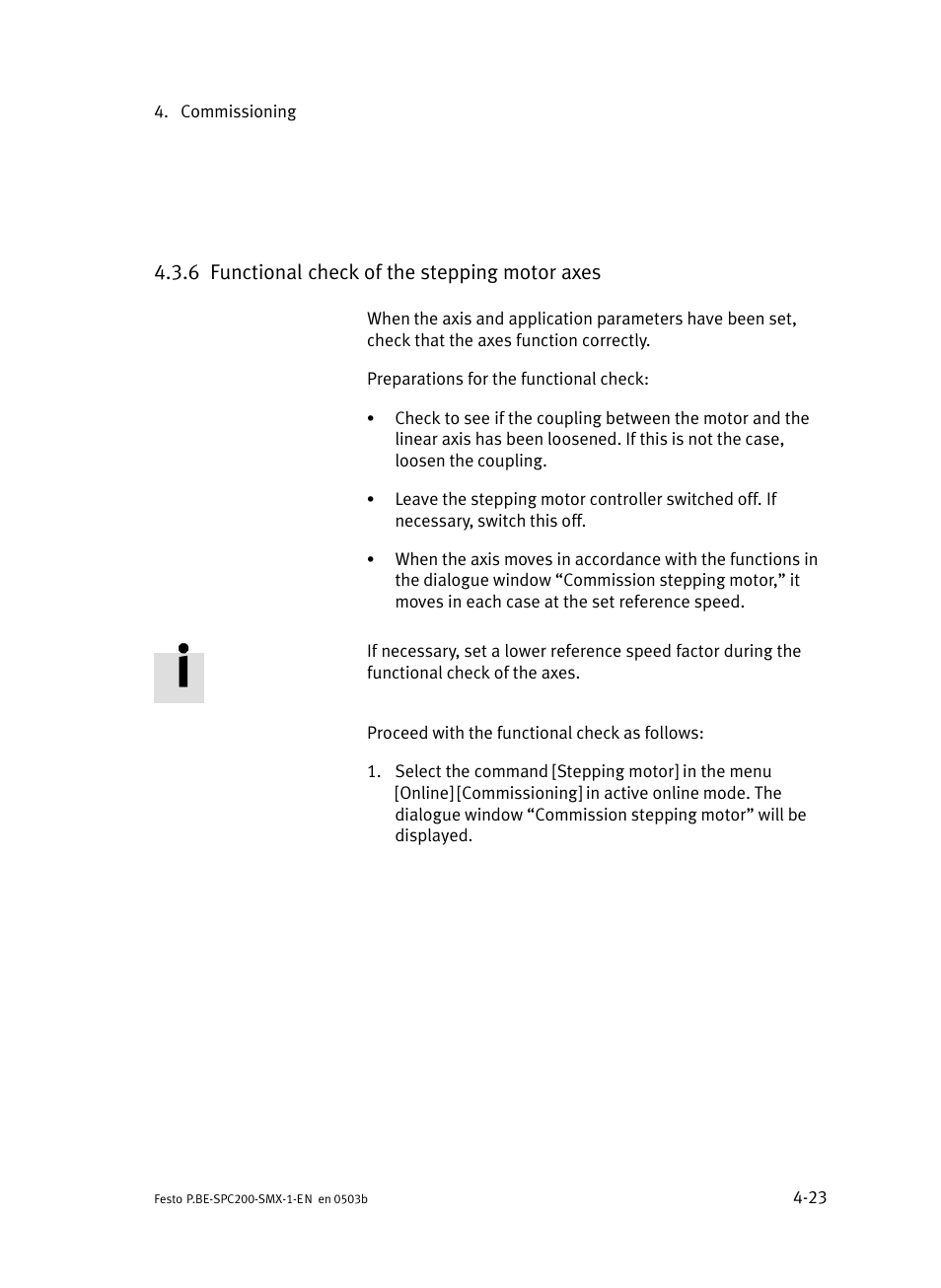 6 functional check of the stepping motor axes, Functional check of the stepping motor axes | Festo Кабели и принадлежности User Manual | Page 68 / 103