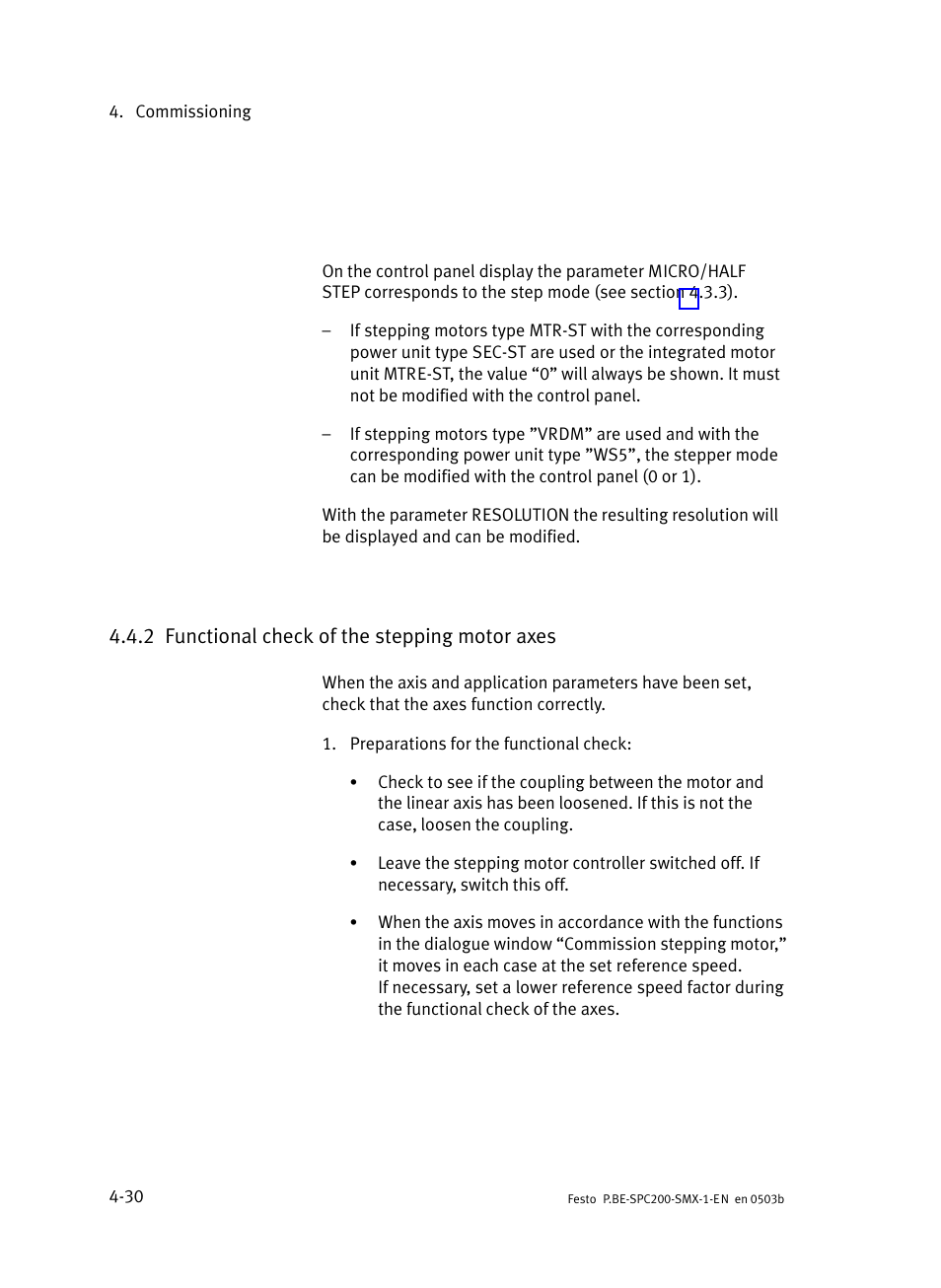 2 functional check of the stepping motor axes, Functional check of the stepping motor axes | Festo Кабели и принадлежности User Manual | Page 75 / 103