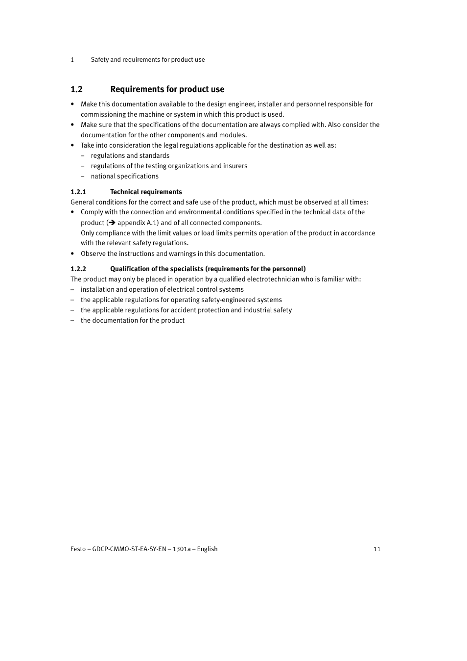 2 requirements for product use, 1 technical requirements | Festo Электроцилиндр User Manual | Page 11 / 134