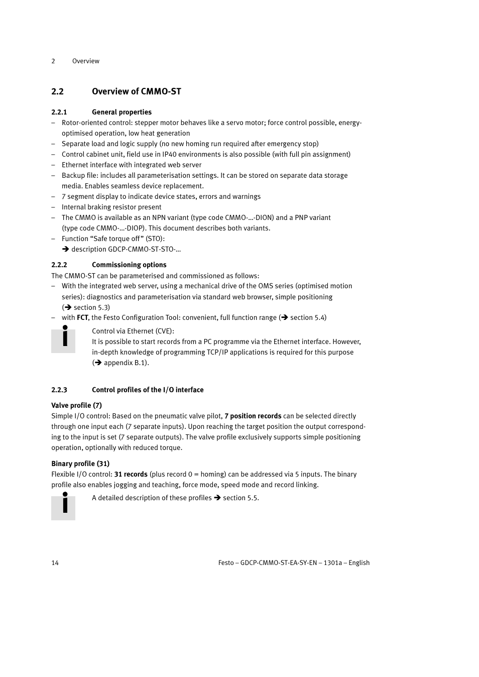 2 overview of cmmo-st, 1 general properties, 2 commissioning options | 3 control profiles of the i/o interface | Festo Электроцилиндр User Manual | Page 14 / 134