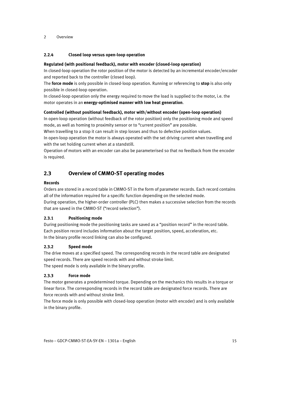 4 closed loop versus open-loop operation, 3 overview of cmmo-st operating modes, 1 positioning mode | 2 speed mode, 3 force mode | Festo Электроцилиндр User Manual | Page 15 / 134