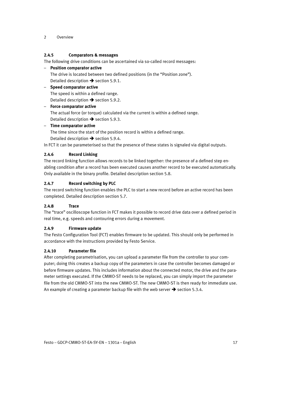 5 comparators & messages, 6 record linking, 7 record switching by plc | 8 trace, 9 firmware update, 10 parameter file | Festo Электроцилиндр User Manual | Page 17 / 134