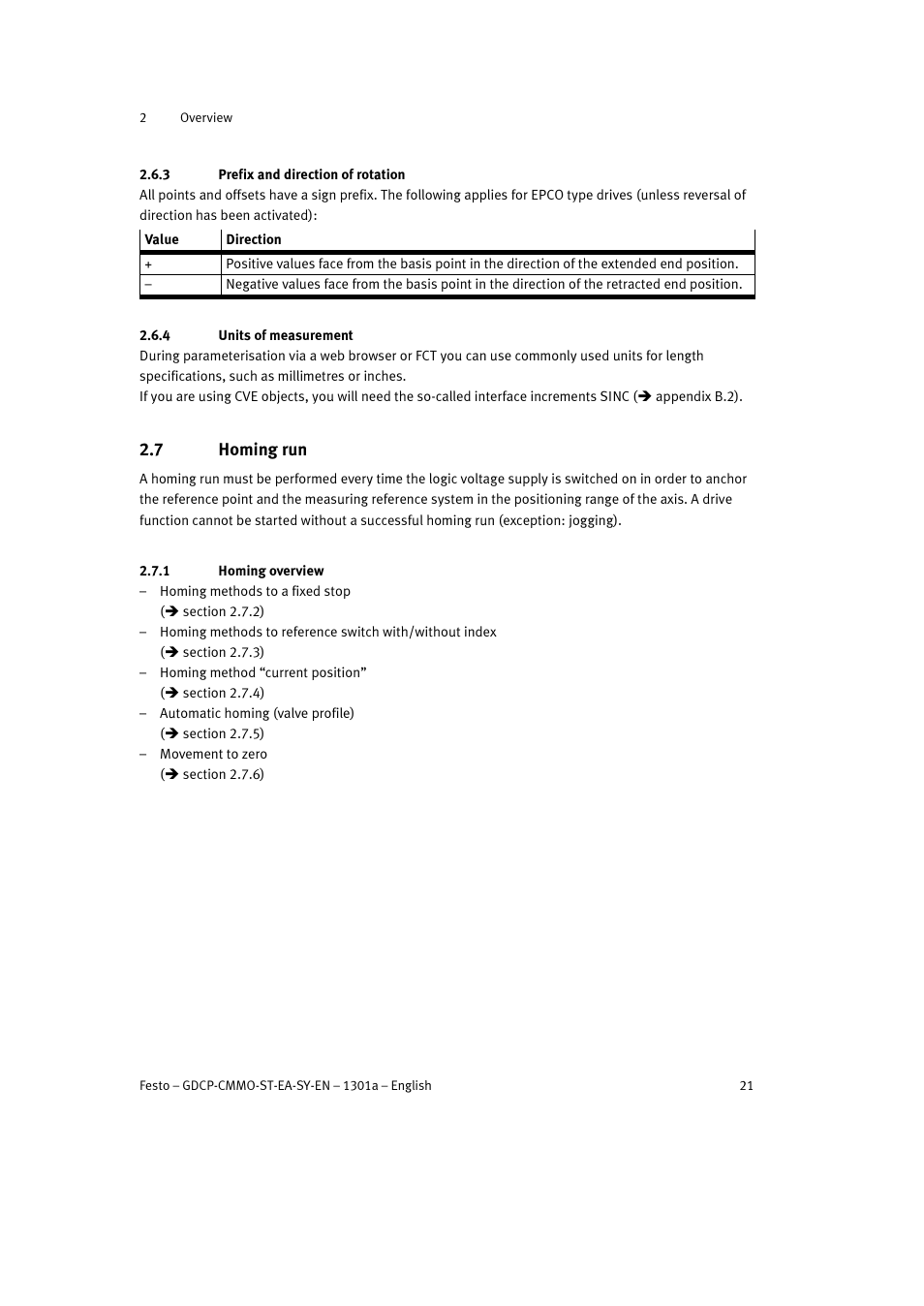 3 prefix and direction of rotation, 4 units of measurement, 7 homing run | 1 homing overview | Festo Электроцилиндр User Manual | Page 21 / 134