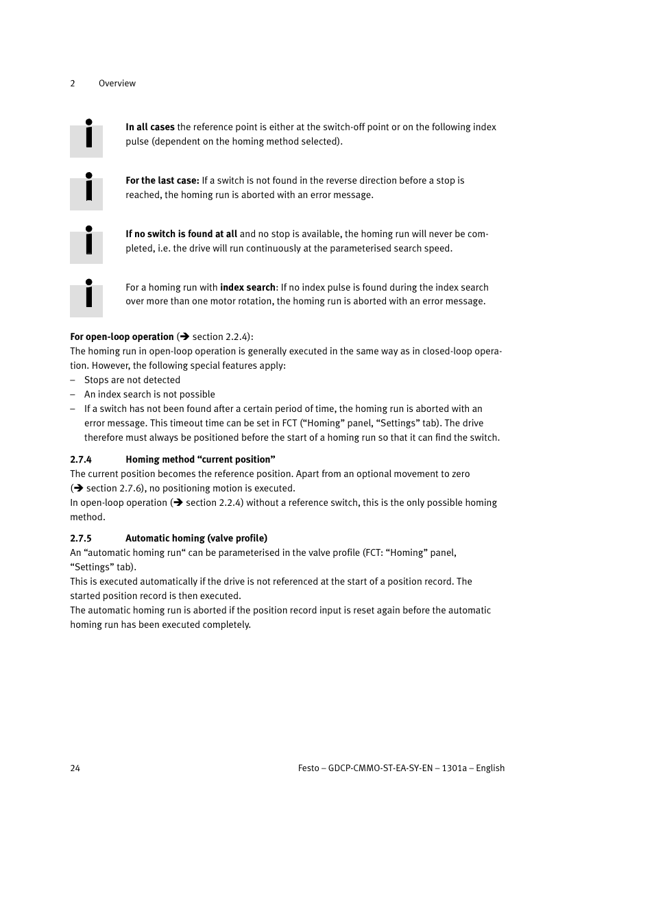 4 homing method “current position, 5 automatic homing (valve profile) | Festo Электроцилиндр User Manual | Page 24 / 134