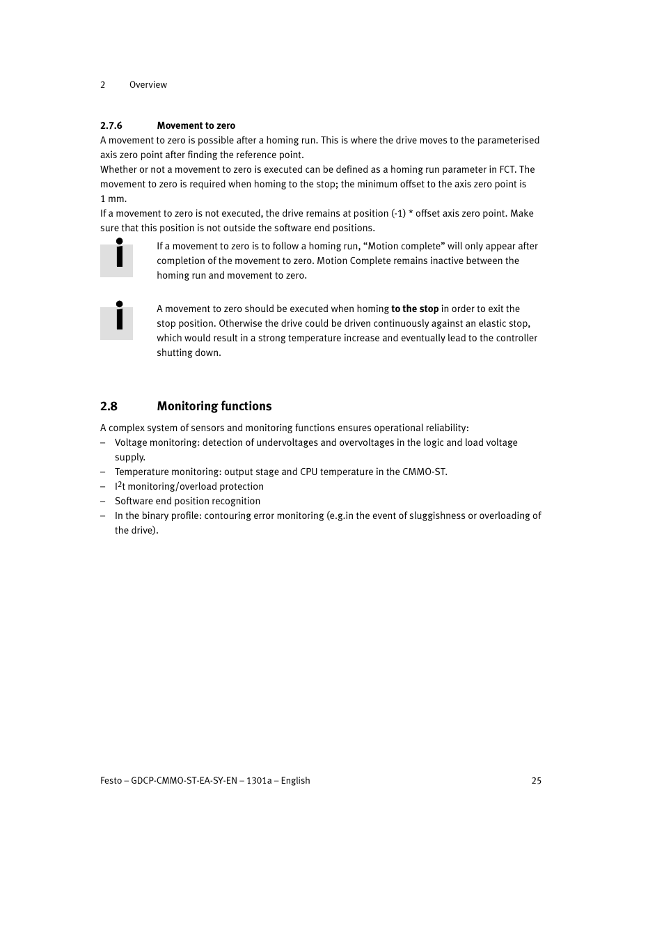 6 movement to zero, 8 monitoring functions | Festo Электроцилиндр User Manual | Page 25 / 134