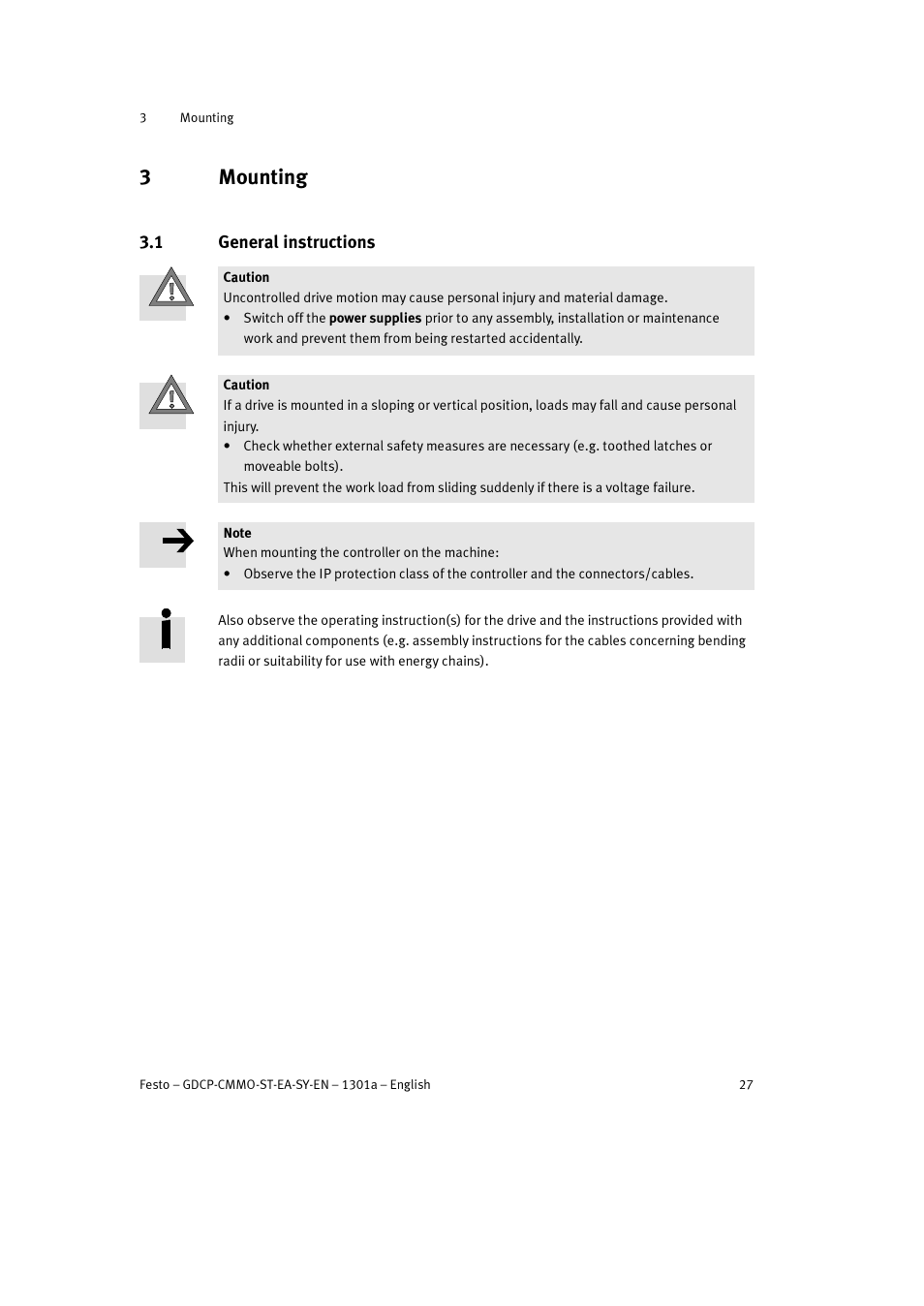 3 mounting, 1 general instructions, 3mounting | Festo Электроцилиндр User Manual | Page 27 / 134