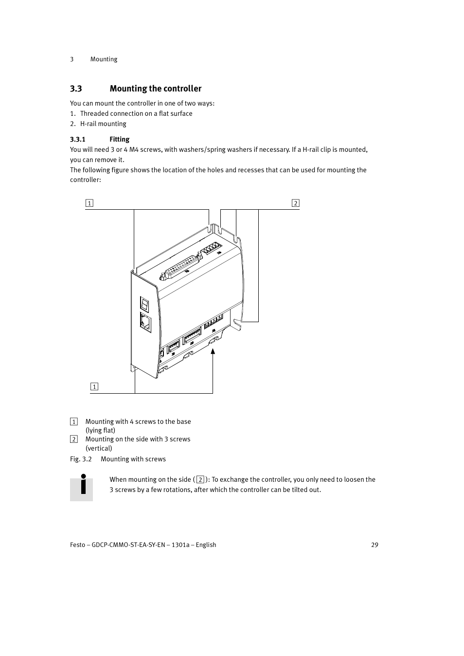 3 mounting the controller, 1 fitting | Festo Электроцилиндр User Manual | Page 29 / 134