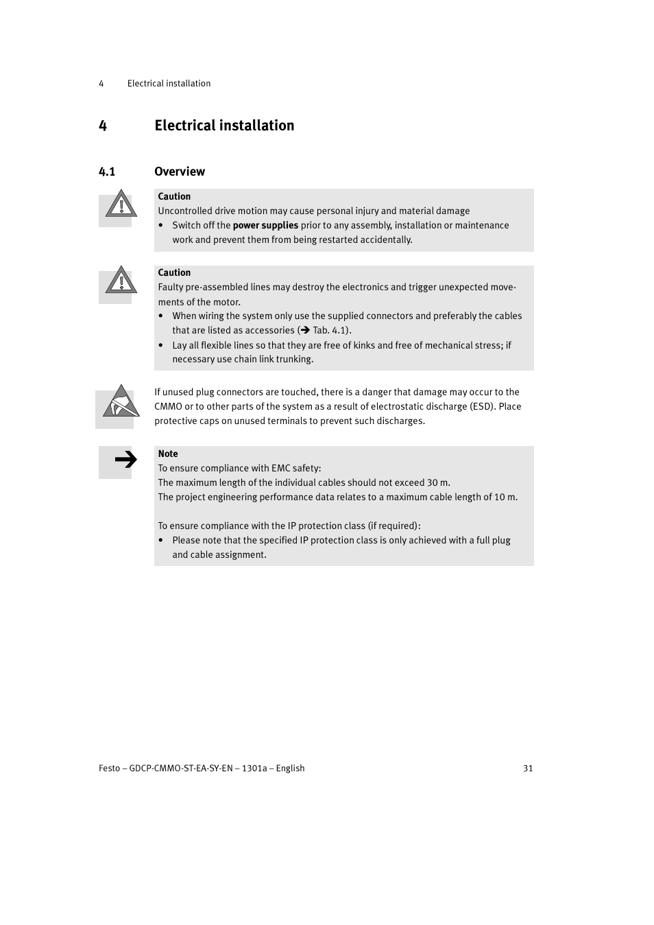 4 electrical installation, 1 overview, 4electrical installation | Festo Электроцилиндр User Manual | Page 31 / 134