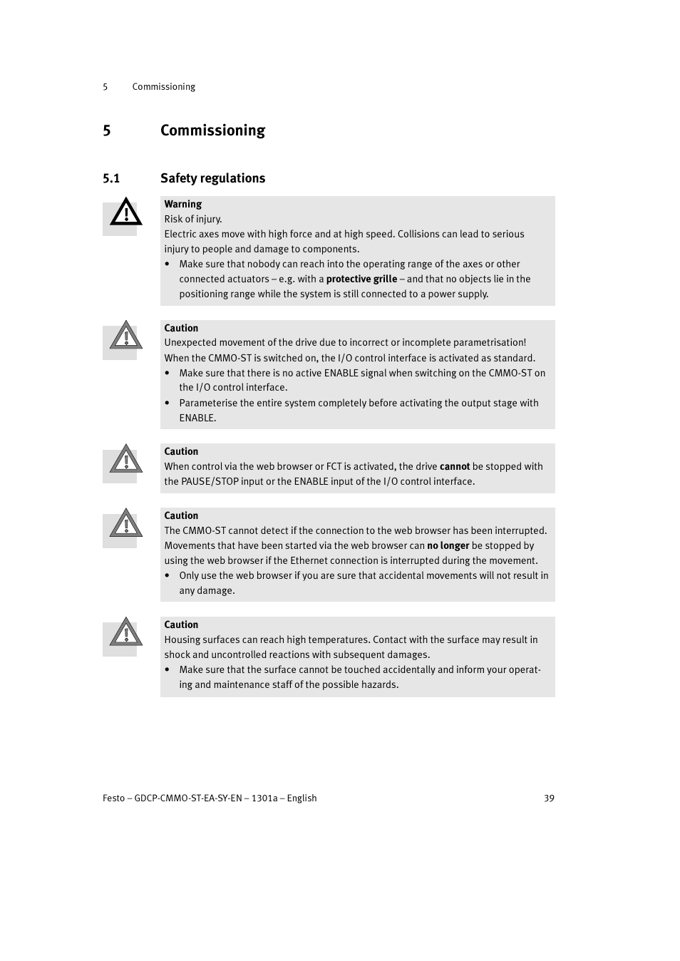 5 commissioning, 1 safety regulations, 5commissioning | Festo Электроцилиндр User Manual | Page 39 / 134