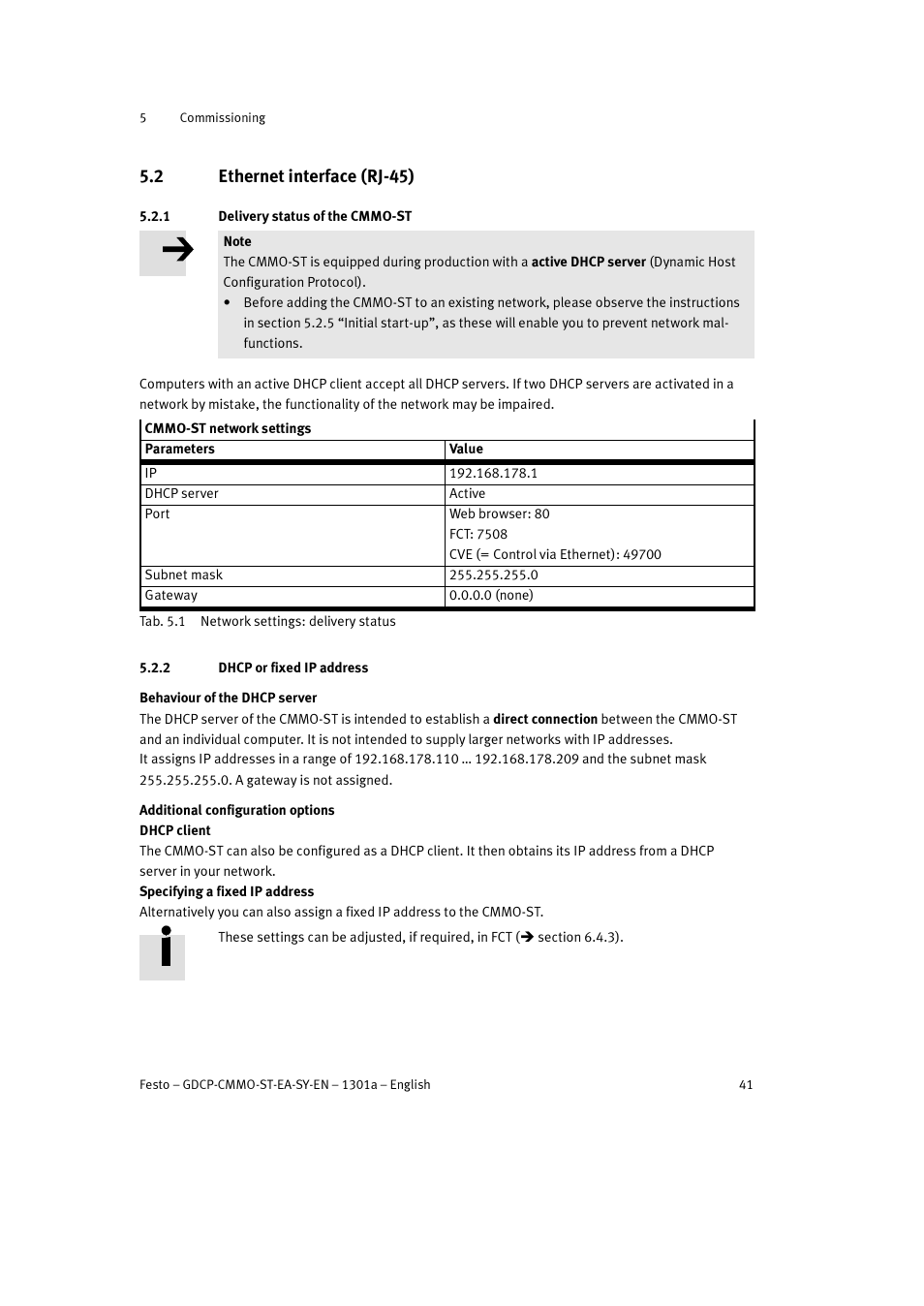 2 ethernet interface (rj-45), 1 delivery status of the cmmo-st, 2 dhcp or fixed ip address | Festo Электроцилиндр User Manual | Page 41 / 134