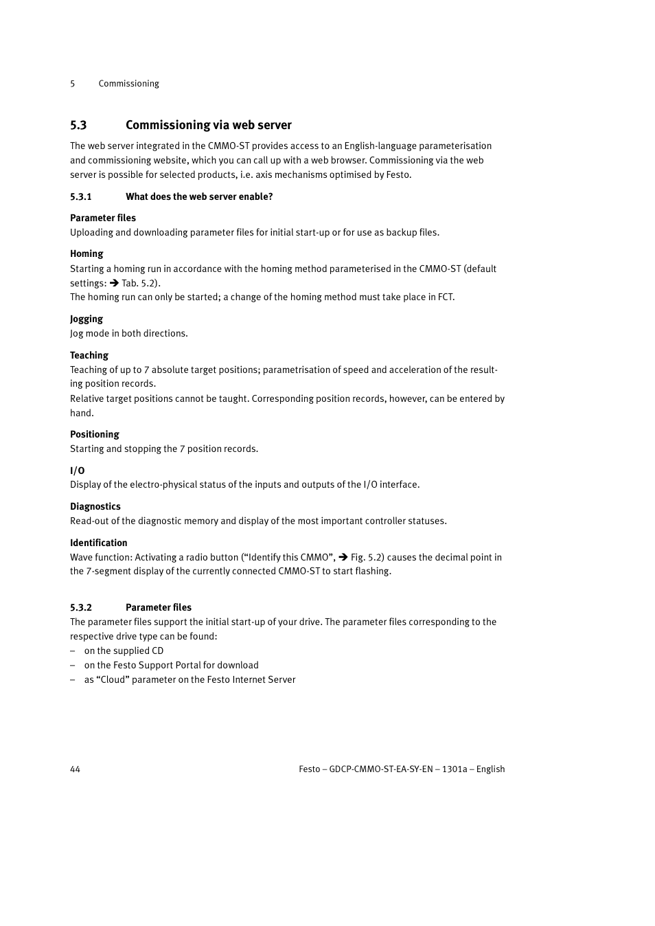 3 commissioning via web server, 1 what does the web server enable, 2 parameter files | Festo Электроцилиндр User Manual | Page 44 / 134