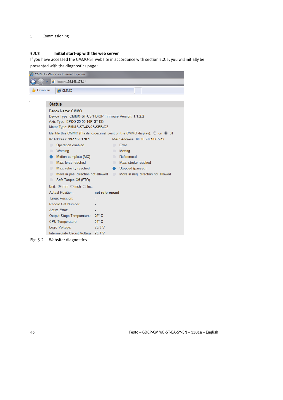 3 initial start-up with the web server | Festo Электроцилиндр User Manual | Page 46 / 134