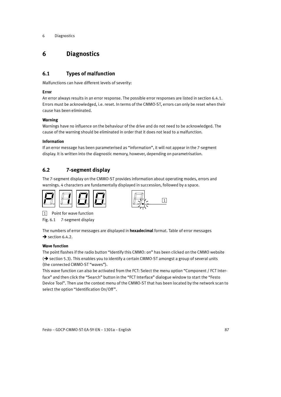 6 diagnostics, 1 types of malfunction, 2 7-segment display | 6diagnostics | Festo Электроцилиндр User Manual | Page 87 / 134