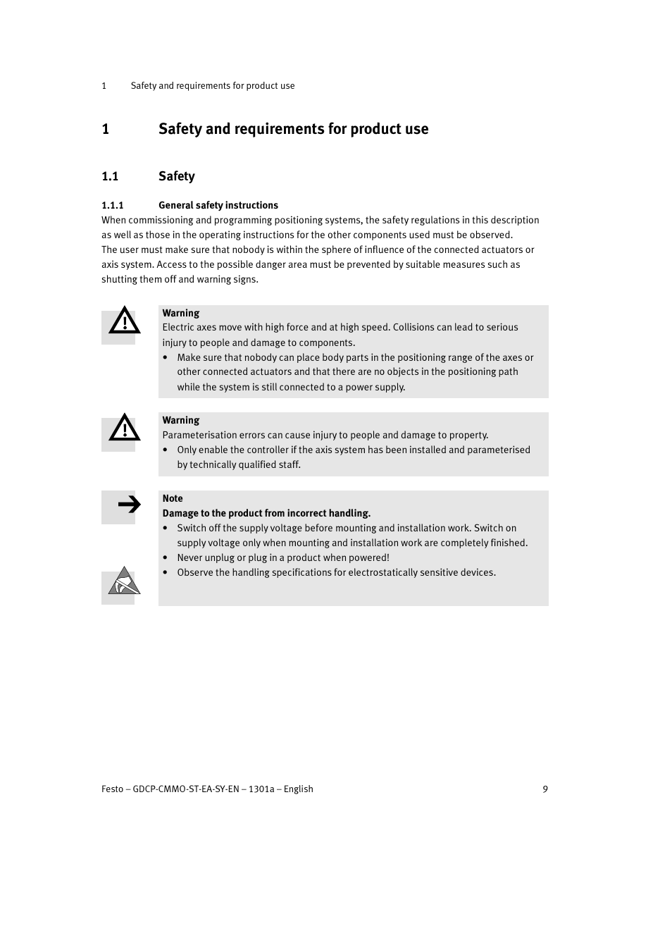 1 safety and requirements for product use, 1 safety, 1 general safety instructions | 1safety and requirements for product use | Festo Электроцилиндр User Manual | Page 9 / 134