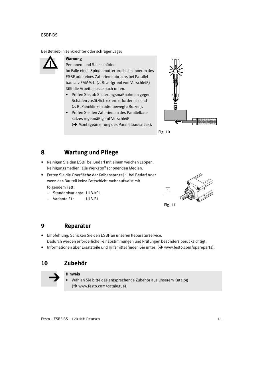 8 wartung und pflege, 9 reparatur, 10 zubehör | 8wartung und pflege, 9reparatur | Festo Электроцилиндр ESBF User Manual | Page 11 / 72