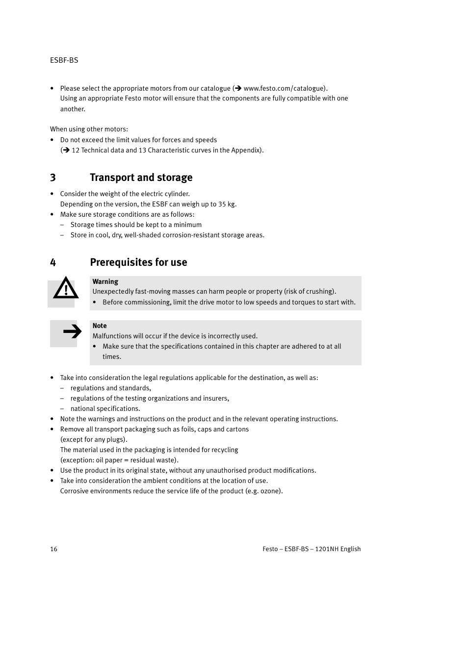 3 transport and storage, 4 prerequisites for use, 3transport and storage | 4prerequisites for use | Festo Электроцилиндр ESBF User Manual | Page 16 / 72