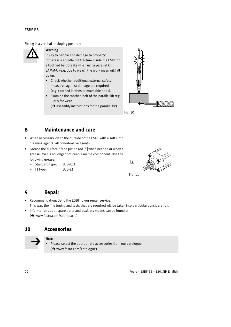 8 maintenance and care, 9 repair, 10 accessories | 8maintenance and care, 9repair | Festo Электроцилиндр ESBF User Manual | Page 22 / 72