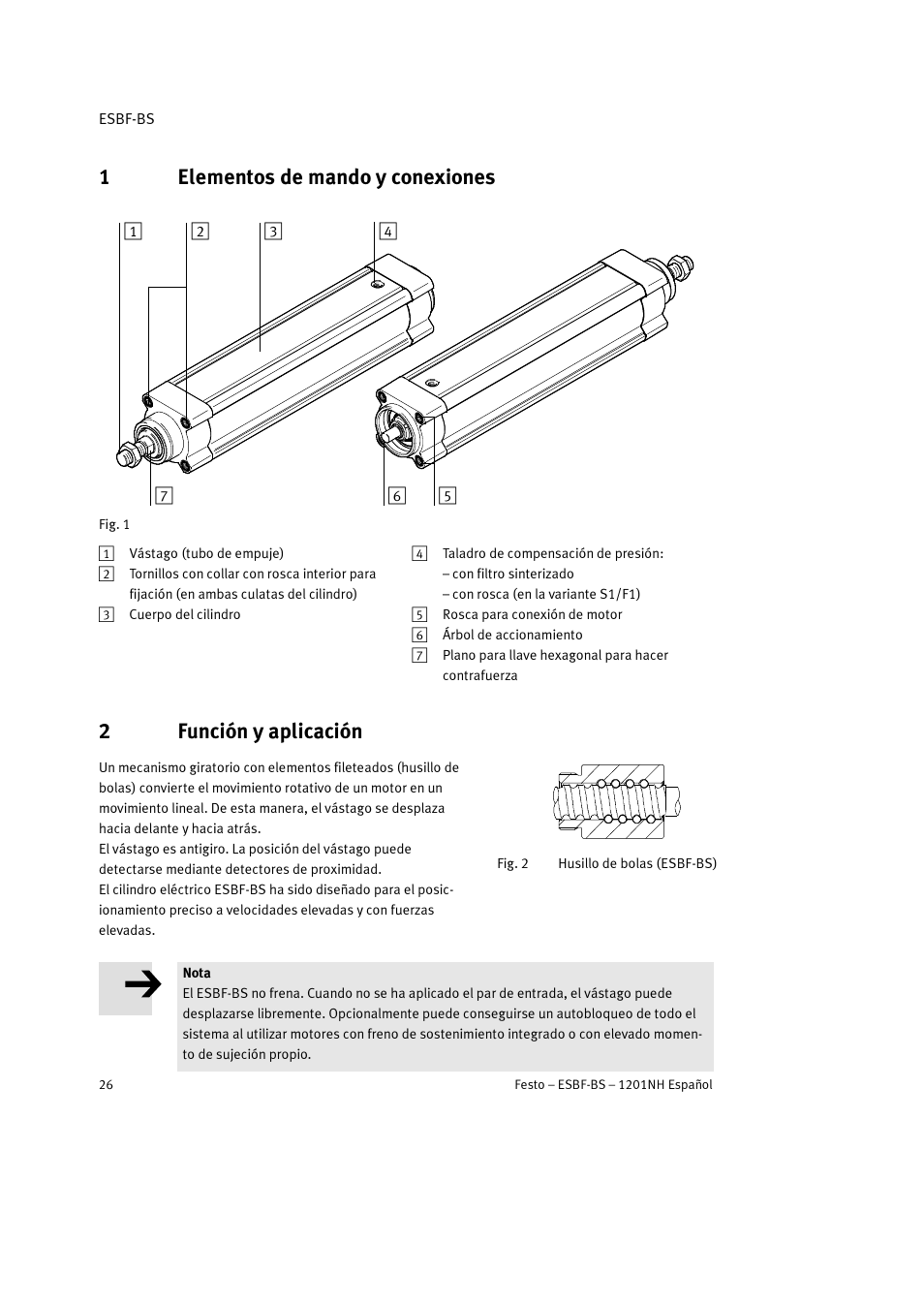 1 elementos de mando y conexiones, 2 función y aplicación, 1elementos de mando y conexiones | 2función y aplicación | Festo Электроцилиндр ESBF User Manual | Page 26 / 72