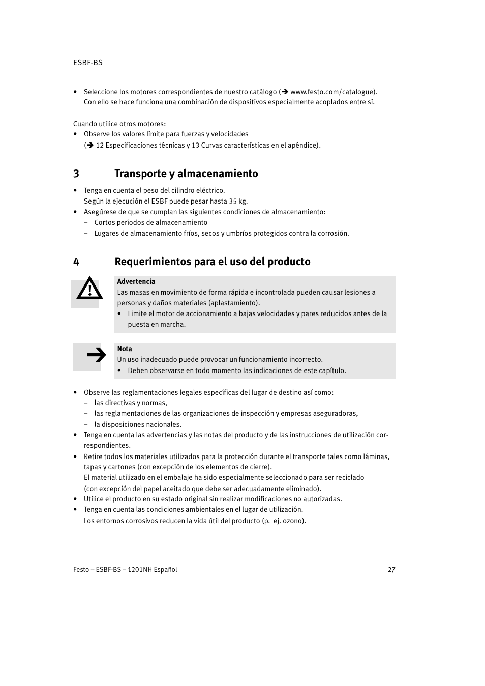 3 transporte y almacenamiento, 4 requerimientos para el uso del producto, 3transporte y almacenamiento | 4requerimientos para el uso del producto | Festo Электроцилиндр ESBF User Manual | Page 27 / 72