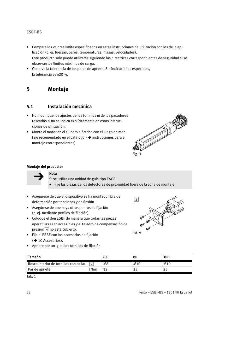 5 montaje, 1 instalación mecánica, 5montaje | Festo Электроцилиндр ESBF User Manual | Page 28 / 72