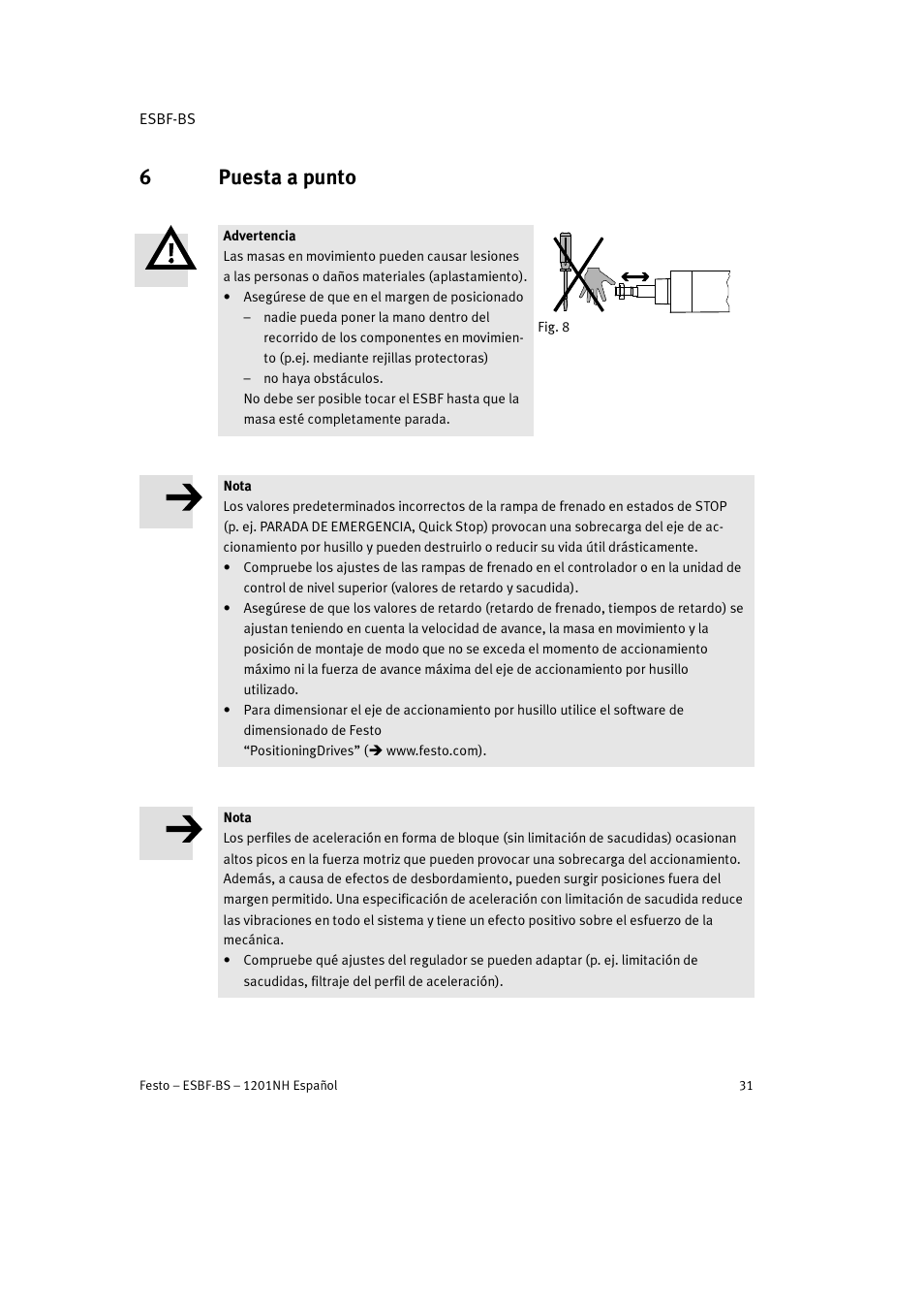 6 puesta a punto, 6puesta a punto | Festo Электроцилиндр ESBF User Manual | Page 31 / 72