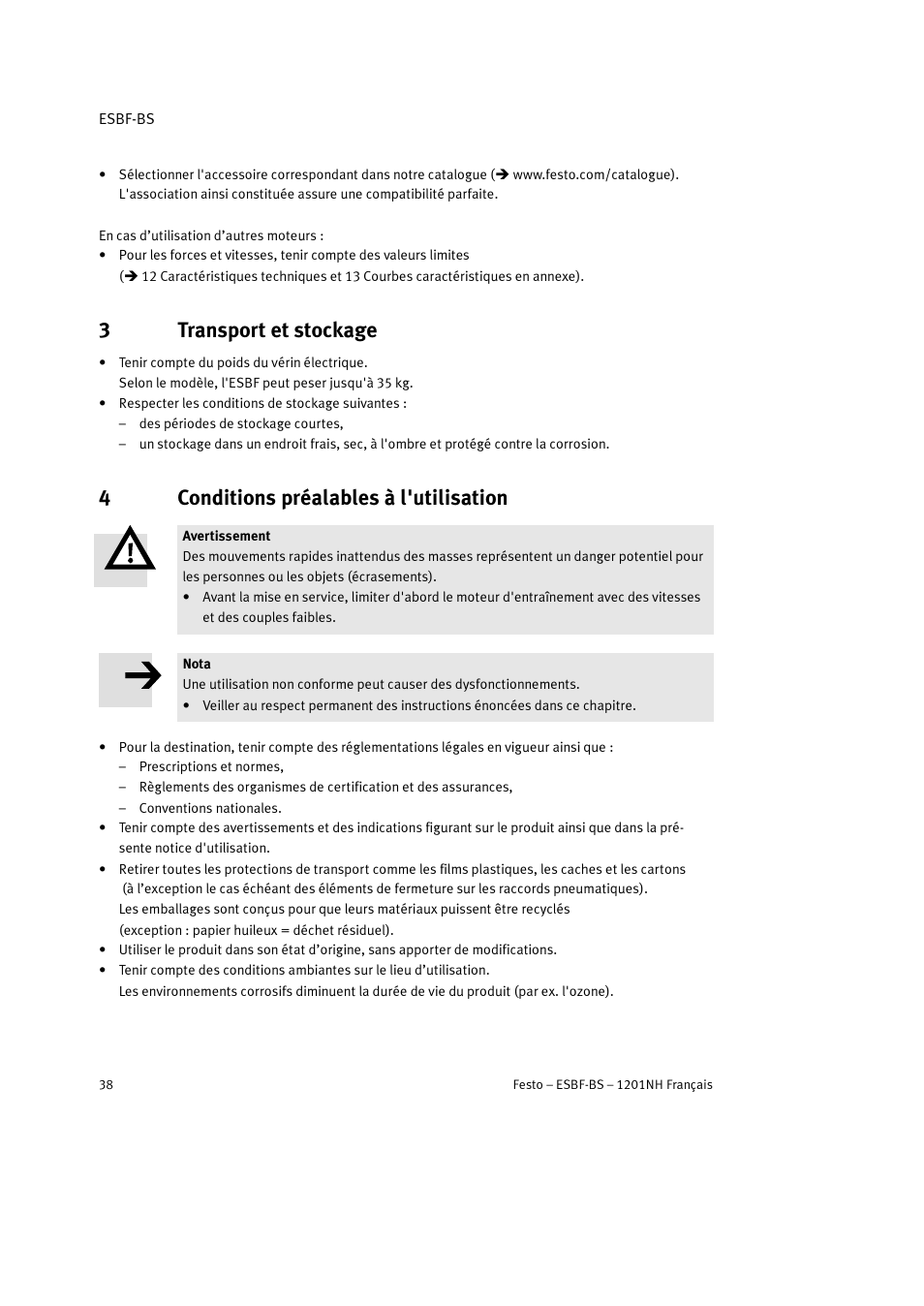 3 transport et stockage, 4 conditions préalables à l'utilisation, 3transport et stockage | 4conditions préalables à l'utilisation | Festo Электроцилиндр ESBF User Manual | Page 38 / 72