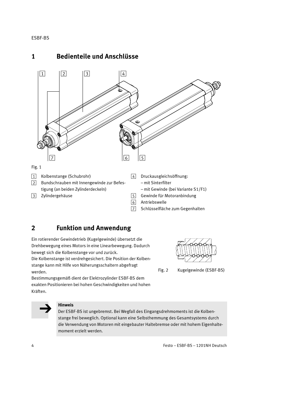 1 bedienteile und anschlüsse, 2 funktion und anwendung, 1bedienteile und anschlüsse | 2funktion und anwendung | Festo Электроцилиндр ESBF User Manual | Page 4 / 72