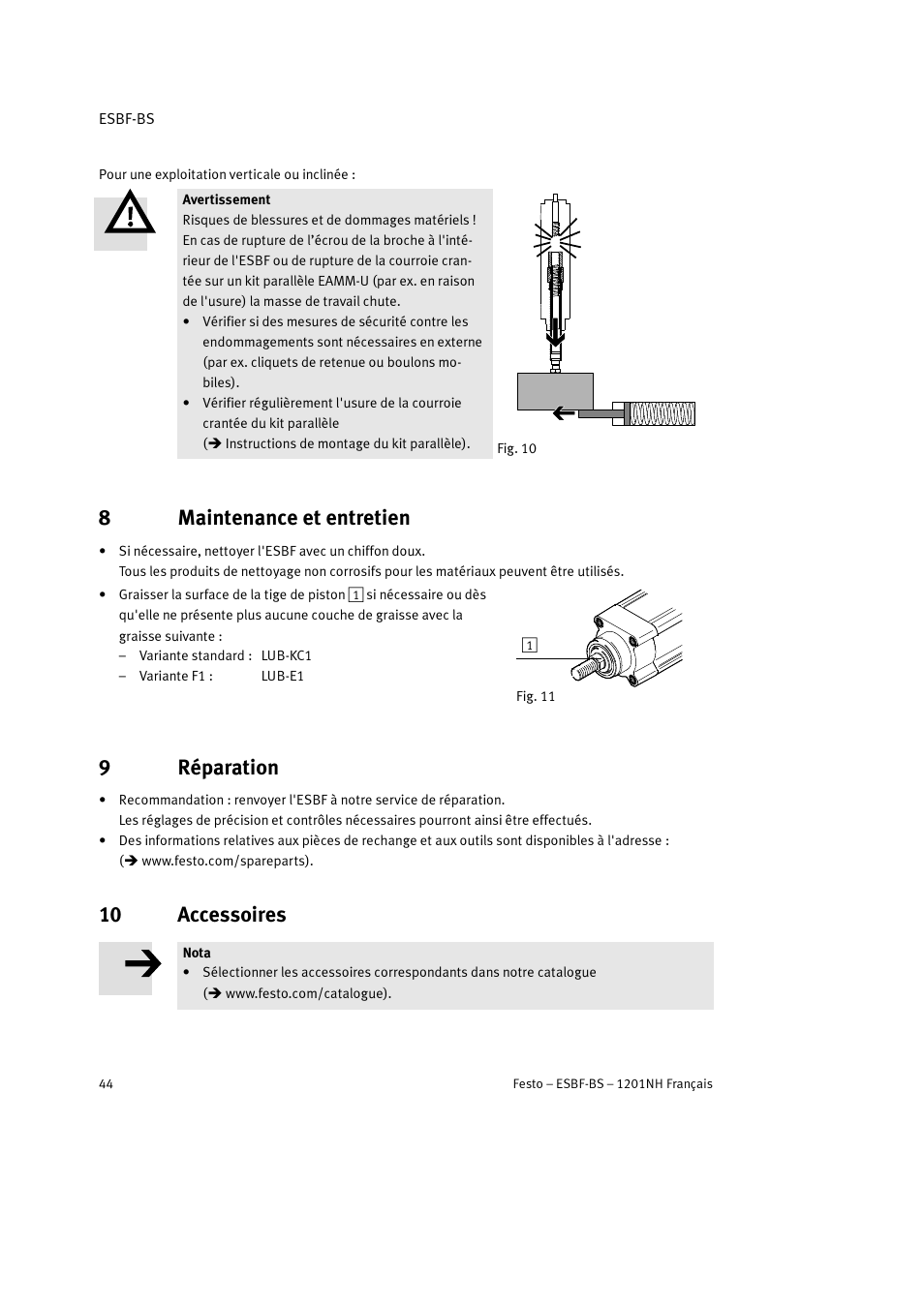 8 maintenance et entretien, 9 réparation, 10 accessoires | 8maintenance et entretien, 9réparation | Festo Электроцилиндр ESBF User Manual | Page 44 / 72