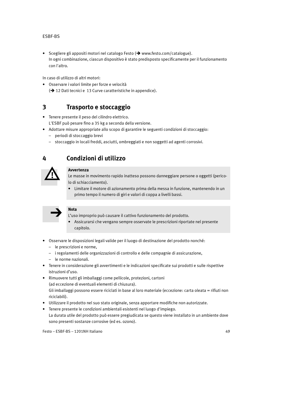 3 trasporto e stoccaggio, 4 condizioni di utilizzo, 3trasporto e stoccaggio | 4condizioni di utilizzo | Festo Электроцилиндр ESBF User Manual | Page 49 / 72