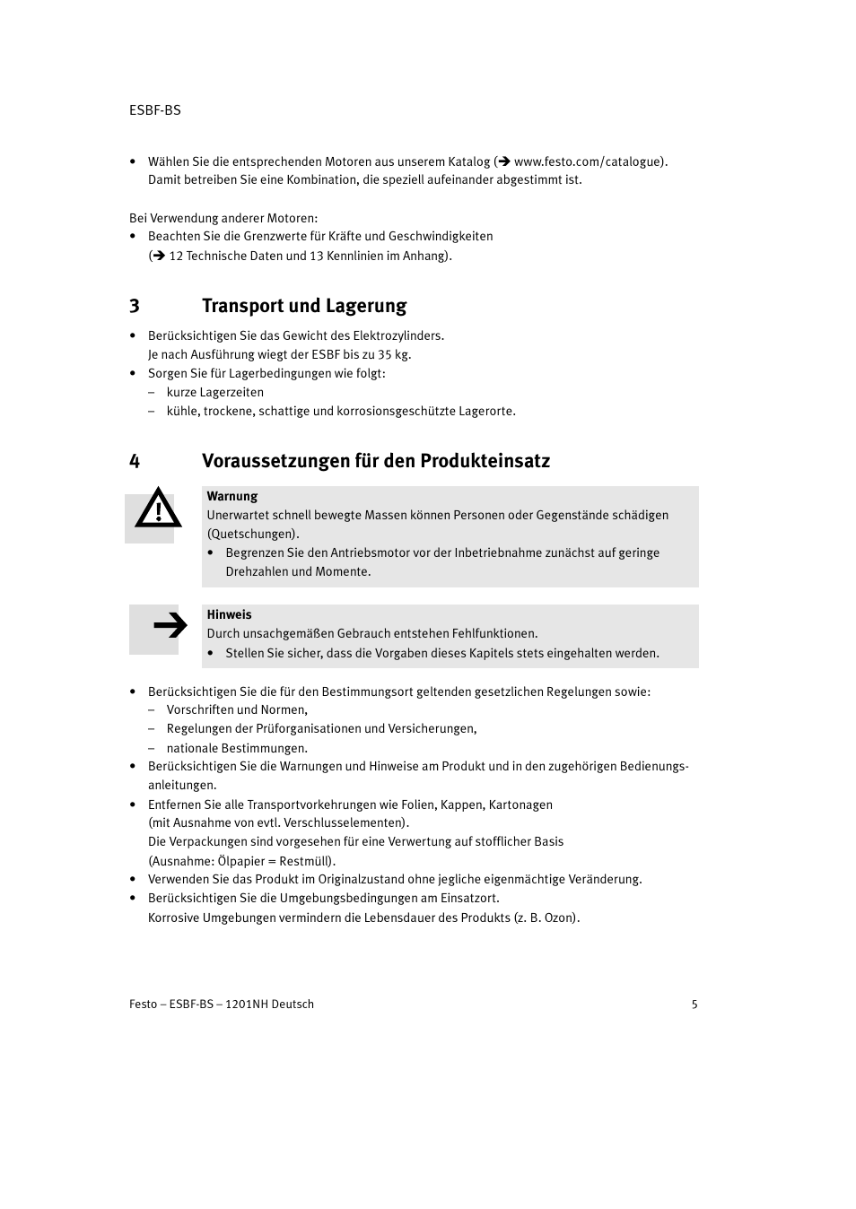 3 transport und lagerung, 4 voraussetzungen für den produkteinsatz, 3transport und lagerung | 4voraussetzungen für den produkteinsatz | Festo Электроцилиндр ESBF User Manual | Page 5 / 72