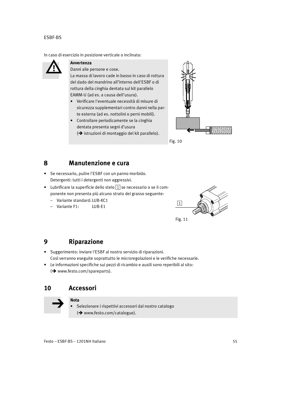 8 manutenzione e cura, 9 riparazione, 10 accessori | 8manutenzione e cura, 9riparazione | Festo Электроцилиндр ESBF User Manual | Page 55 / 72