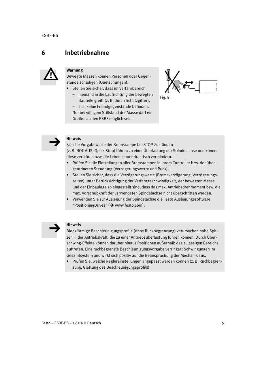 6 inbetriebnahme, 6inbetriebnahme | Festo Электроцилиндр ESBF User Manual | Page 9 / 72
