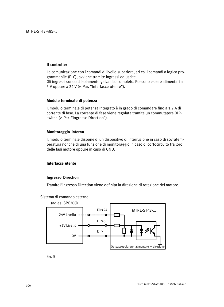 Il controller, Modulo terminale di potenza, Monitoraggio interno | Interfacce utente, Ingresso direction | Festo Шаговые моторы MTRE-ST User Manual | Page 100 / 140