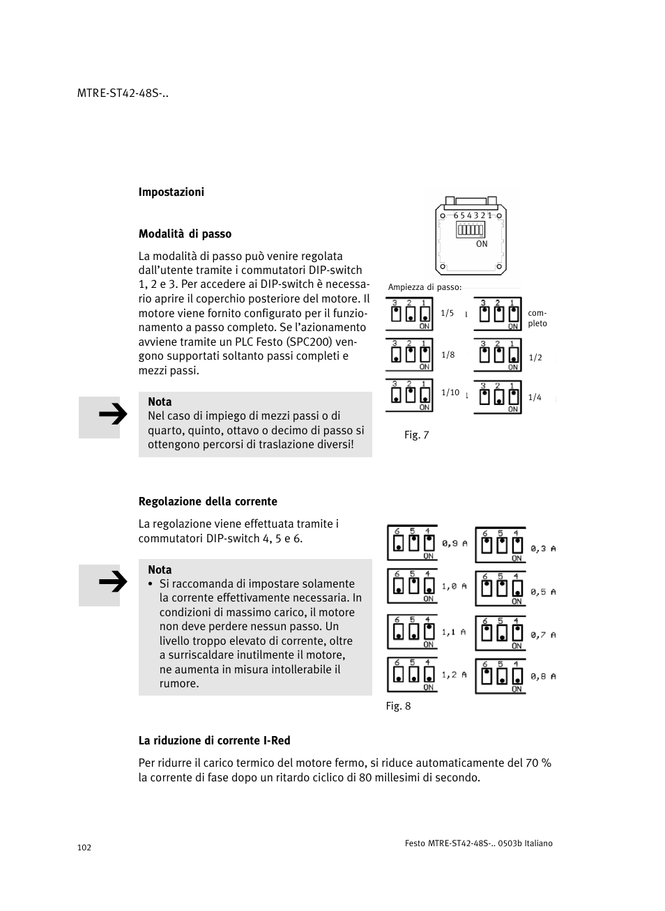 Impostazioni, Modalità di passo, Regolazione della corrente | La riduzione di corrente i-red | Festo Шаговые моторы MTRE-ST User Manual | Page 102 / 140