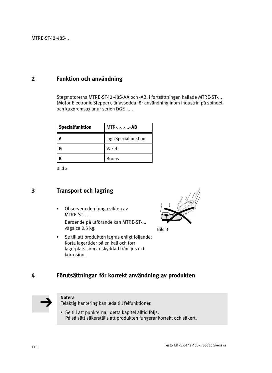 2 funktion och användning, 3 transport och lagring, 2funktion och användning | 3transport och lagring | Festo Шаговые моторы MTRE-ST User Manual | Page 116 / 140